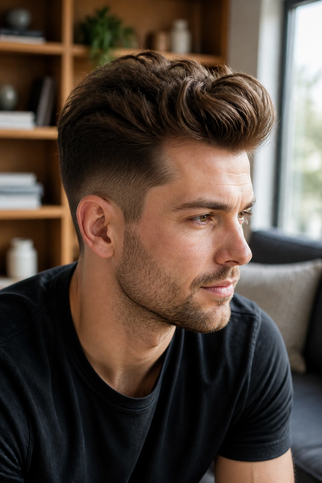 Close-up of a man with textured, matte pomp hairstyle in natural daylight