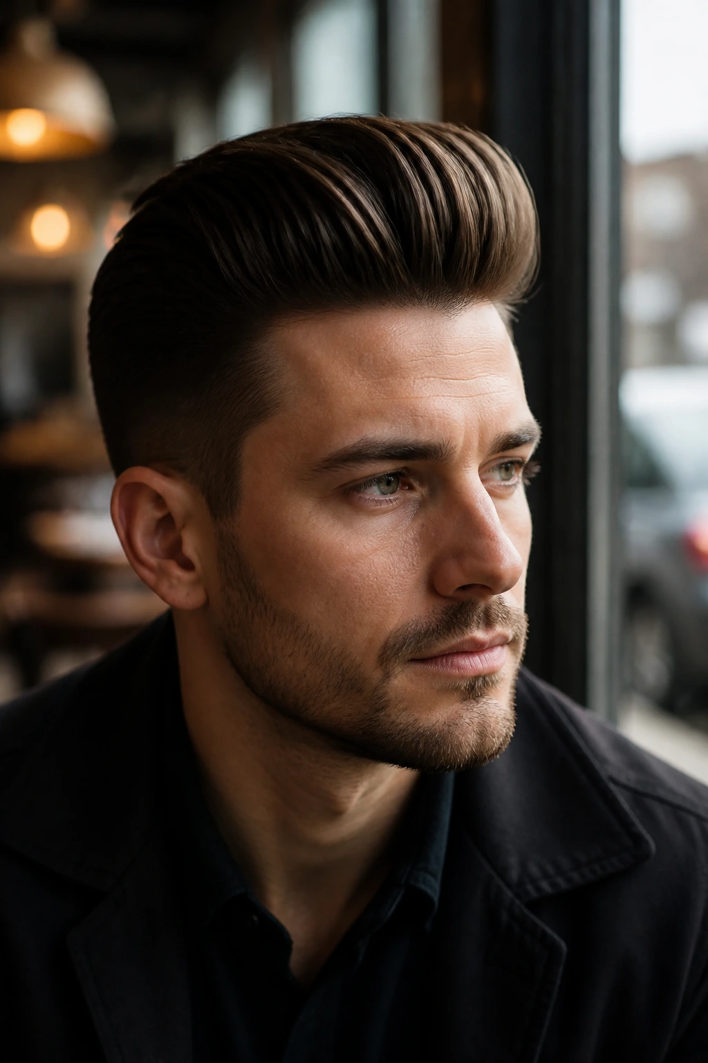 Close-up of a real man with a thick pompadour in a sunlit cafe.