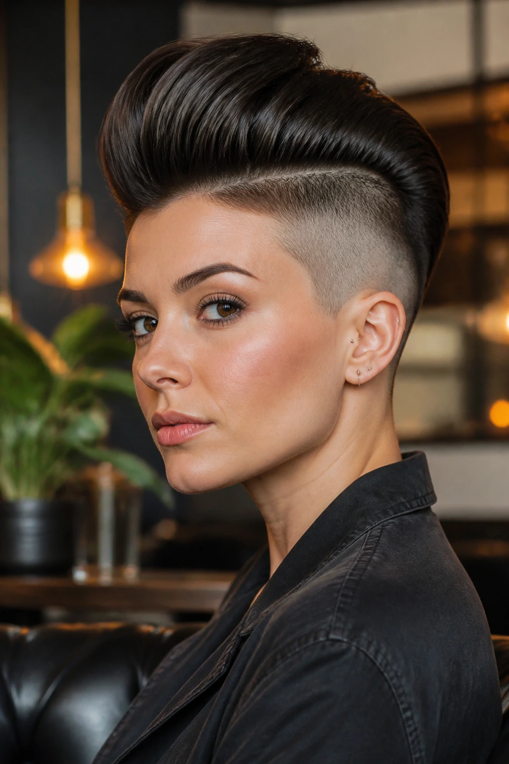 Close-up portrait of a real person with a high pompadour undercut hairstyle