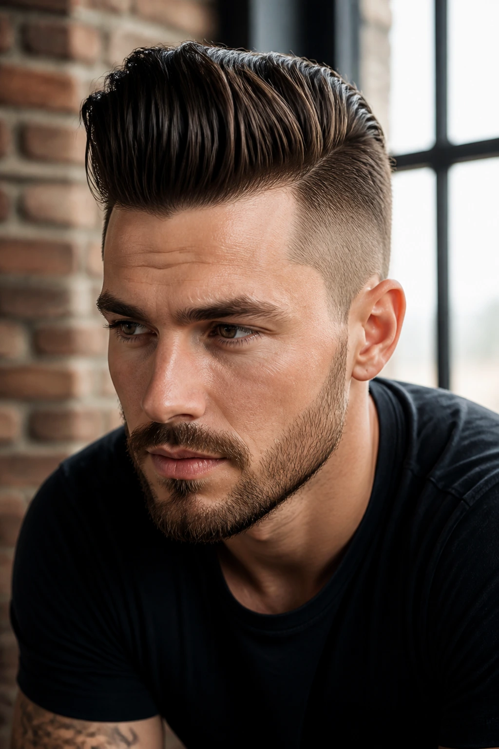 Close-up portrait of a man with pompadour undercut