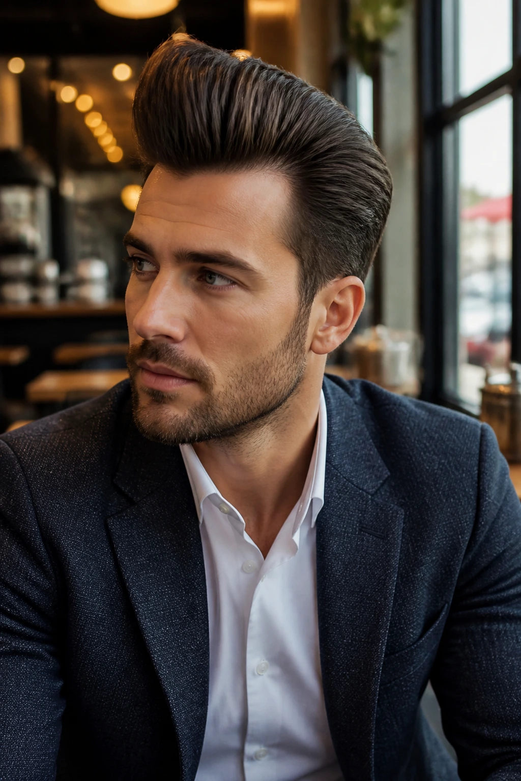 Portrait of a man with tall pompadour and sharp outfit in cafe setting