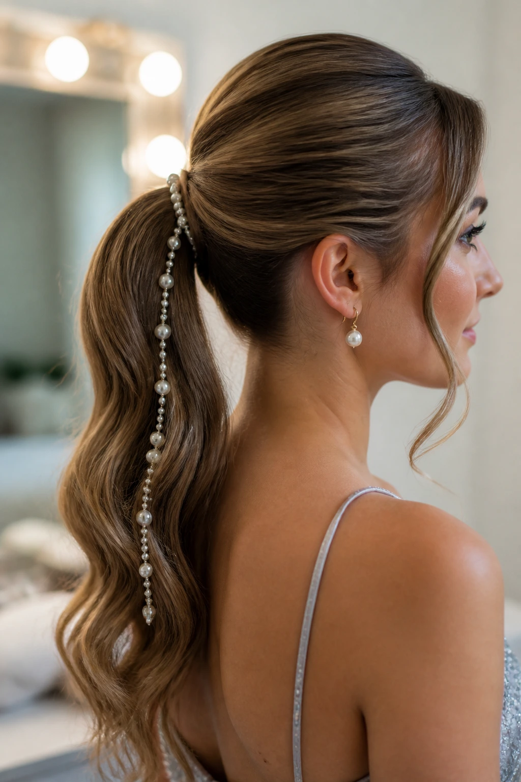 Woman with pearl-embellished ponytail in a bright dressing room.