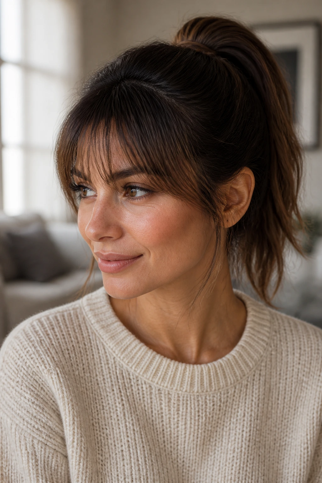 Close-up of a real woman's bangs and ponytail with soft forehead framing