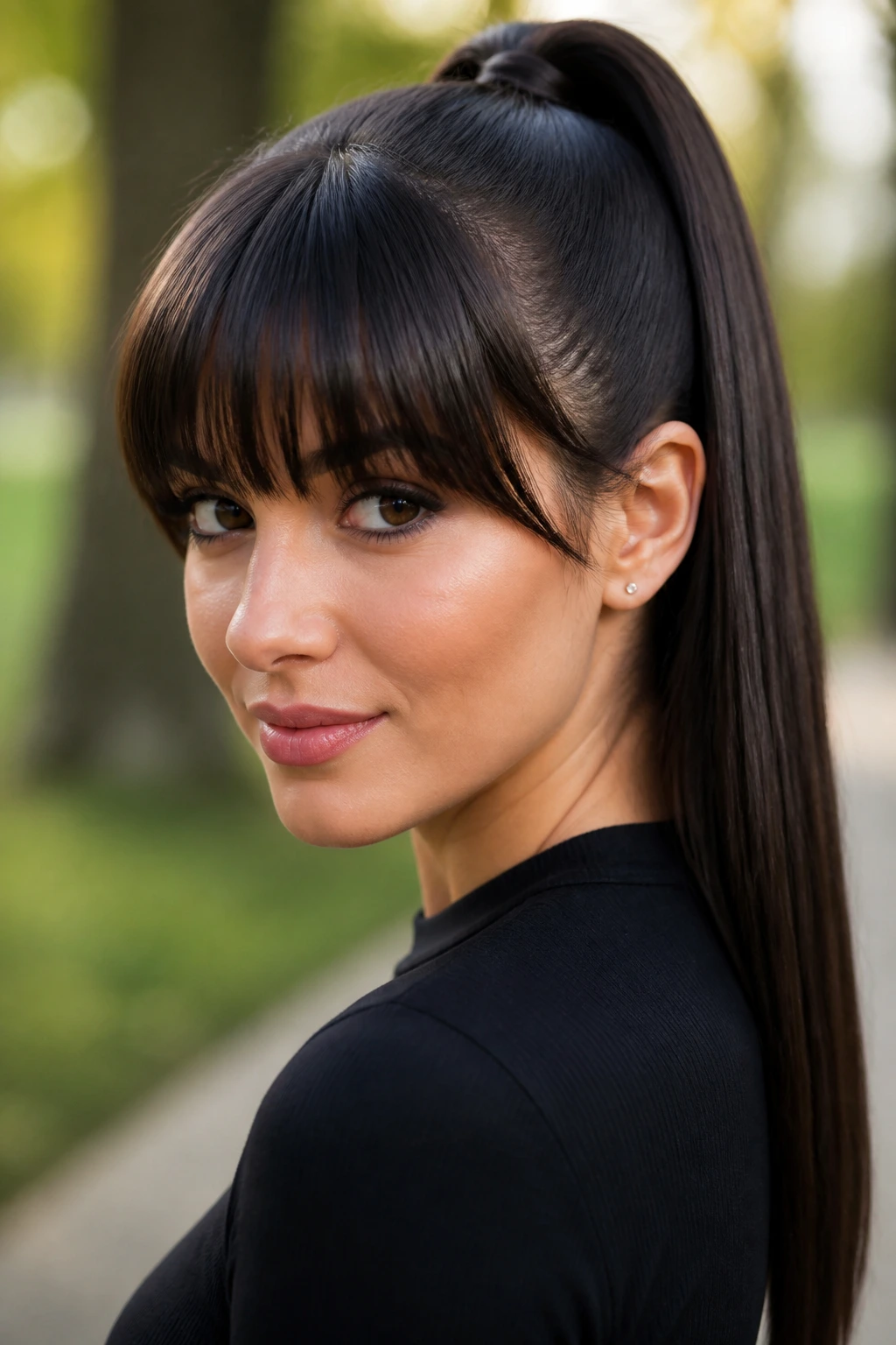 Portrait of woman with sleek high ponytail and full bangs