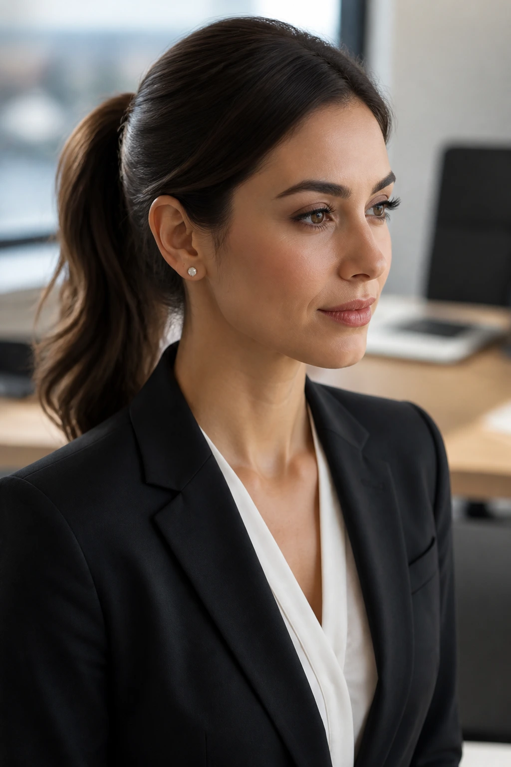 Portrait of a woman with a mid-height ponytail in a blazer, ready for office dress codes.