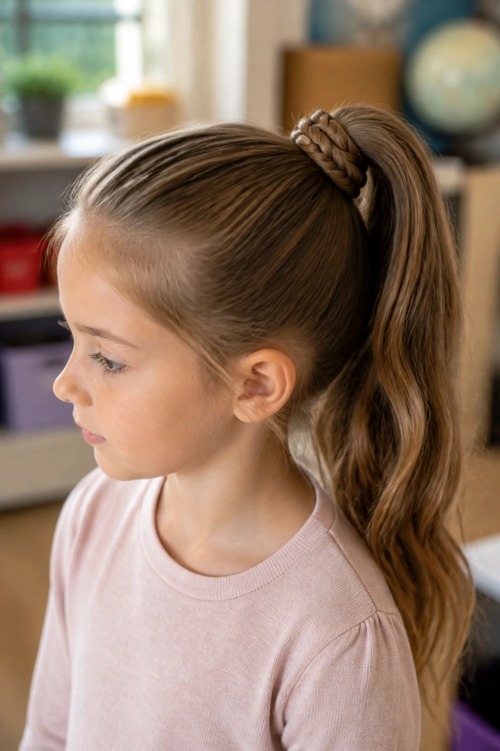 Close-up of a child with a ponytail featuring a braided wrap around the elastic.