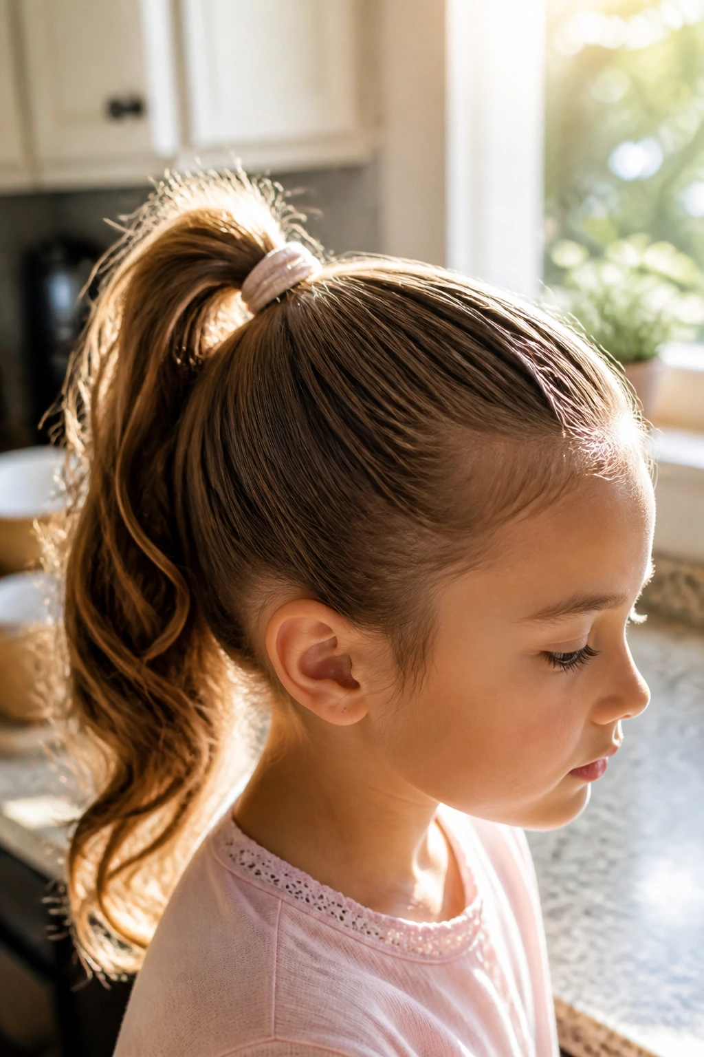 Close-up of a real child with a neat ponytail in warm kitchen light