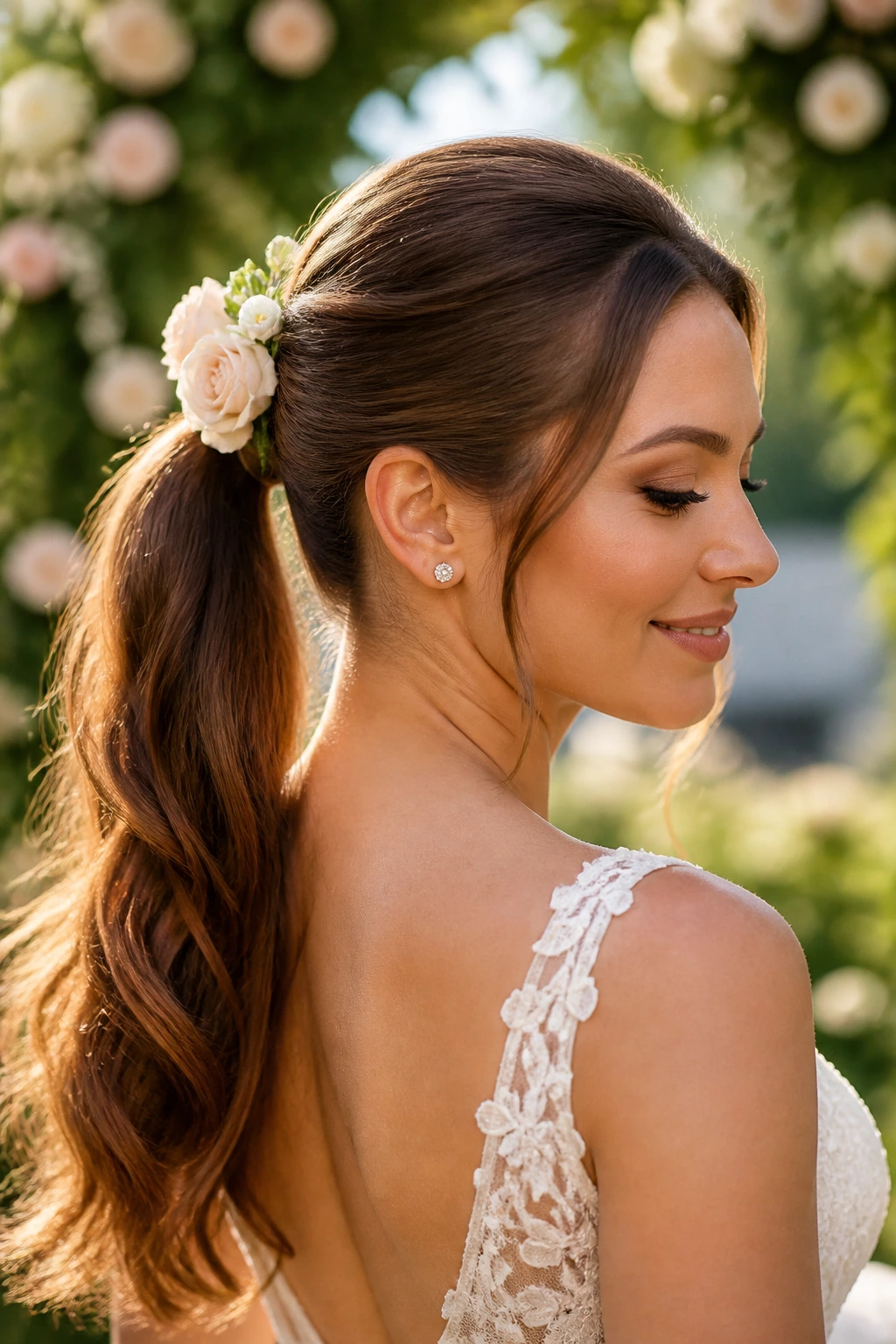 Close-up of a bride with a fresh flower accented ponytail in a garden setting
