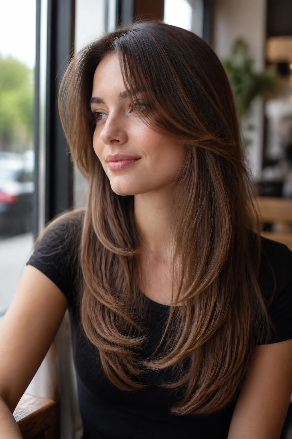 Real person with ponytail-friendly layers around the face