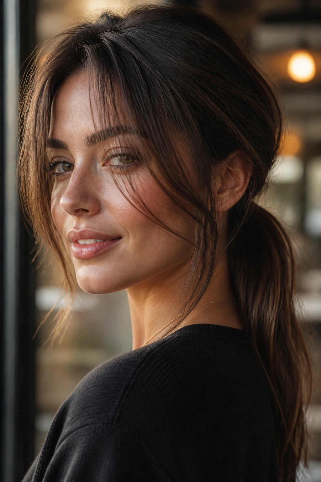 Close-up of a real woman with Ponytail-Friendly Long Layers showing a low ponytail and face-framing layers
