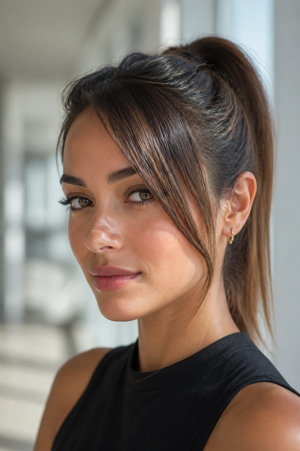 Close-up of a real woman with high ponytail and side-framing bangs.