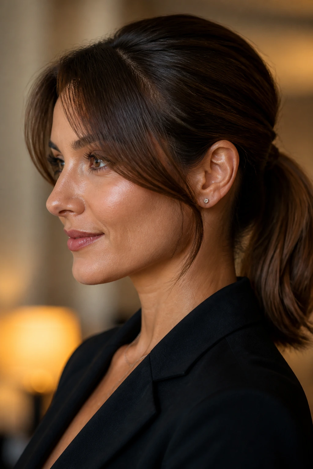 Portrait of a woman with a polished side-part ponytail and mid-length fringe