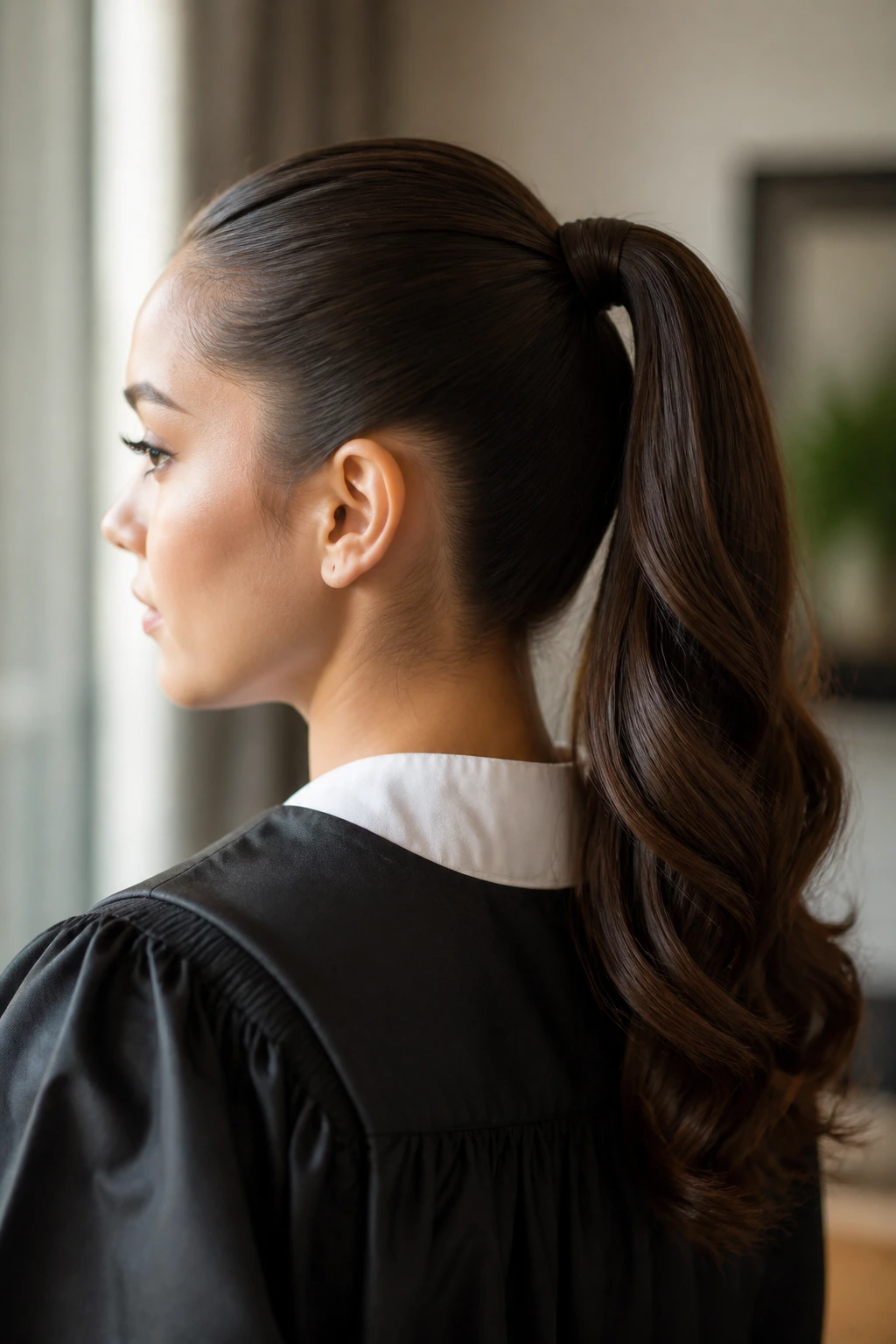 Close-up portrait of a real woman with a polished mid-high ponytail under graduation attire