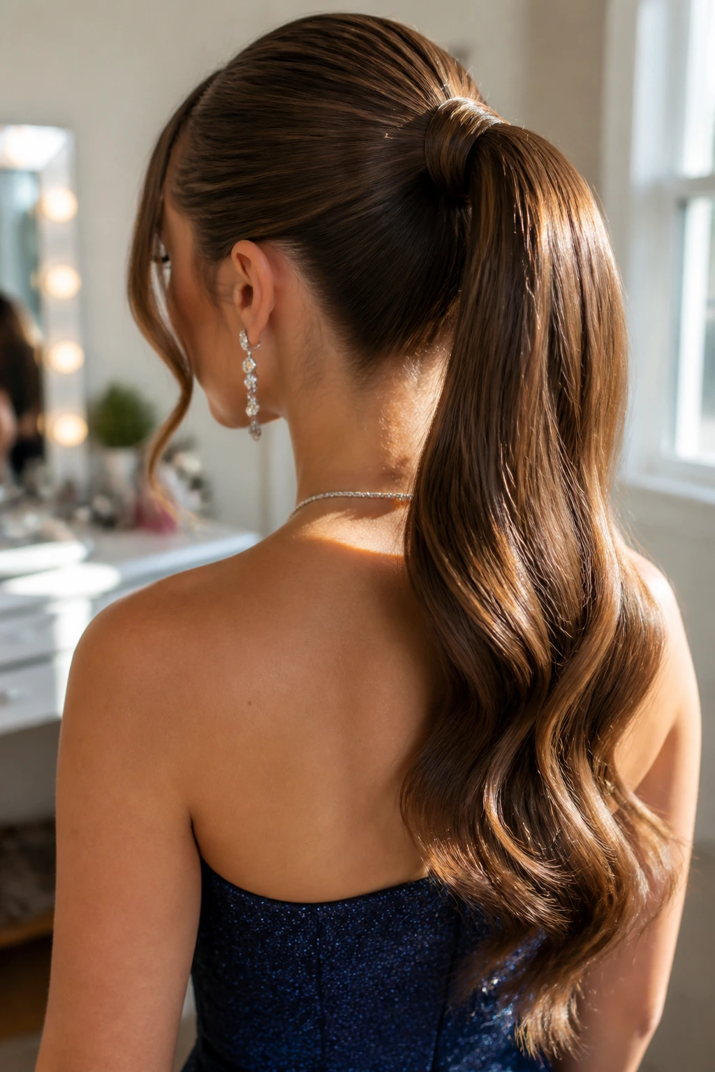 Back view of a woman with a sleek high ponytail wrapped at the base in a softly lit dressing room.