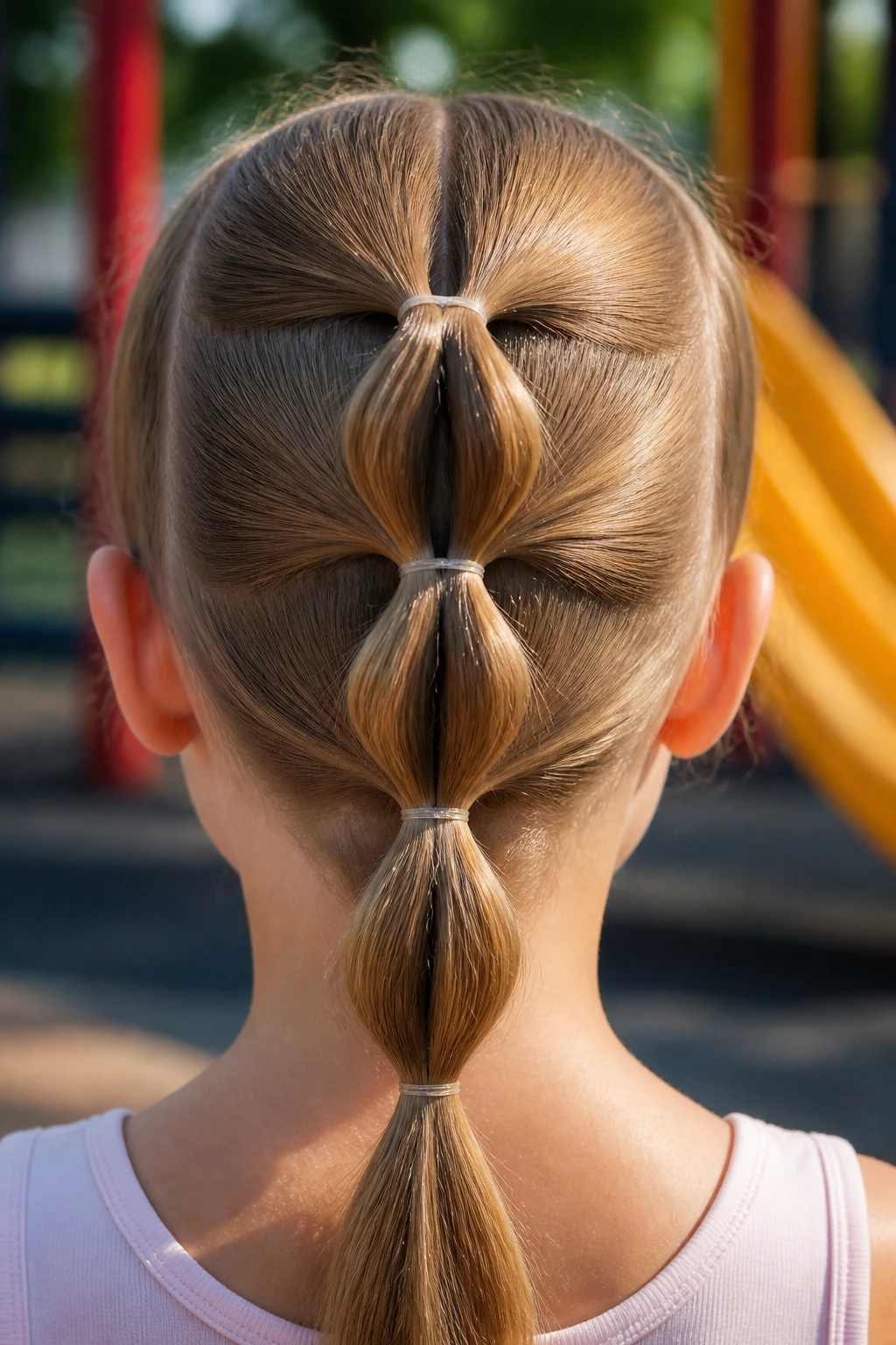 Back-view close-up of a girl with a four-section ponytail ladder