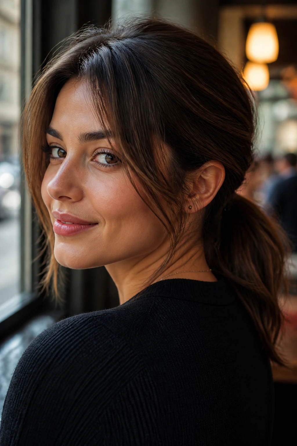 Profile portrait of a real woman with a low ponytail and face-framing layers
