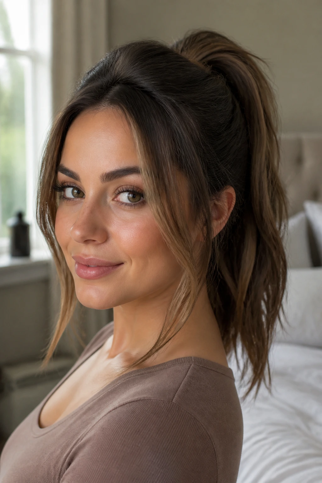 Close-up of a real woman with a high ponytail and front pieces framing the face