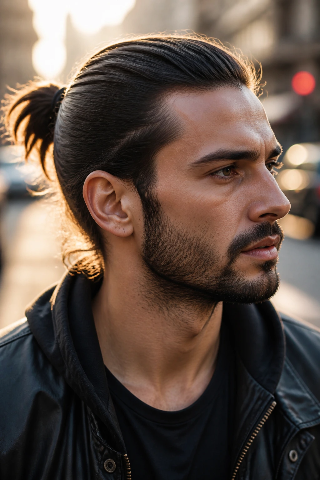 Close-up portrait of a man with a neat mid-length ponytail in golden-hour urban light