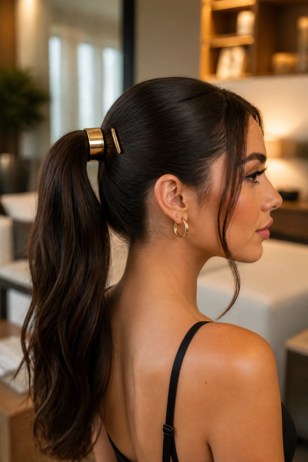 Close-up of a woman’s ponytail with a metallic cuff accessory, showcasing variations