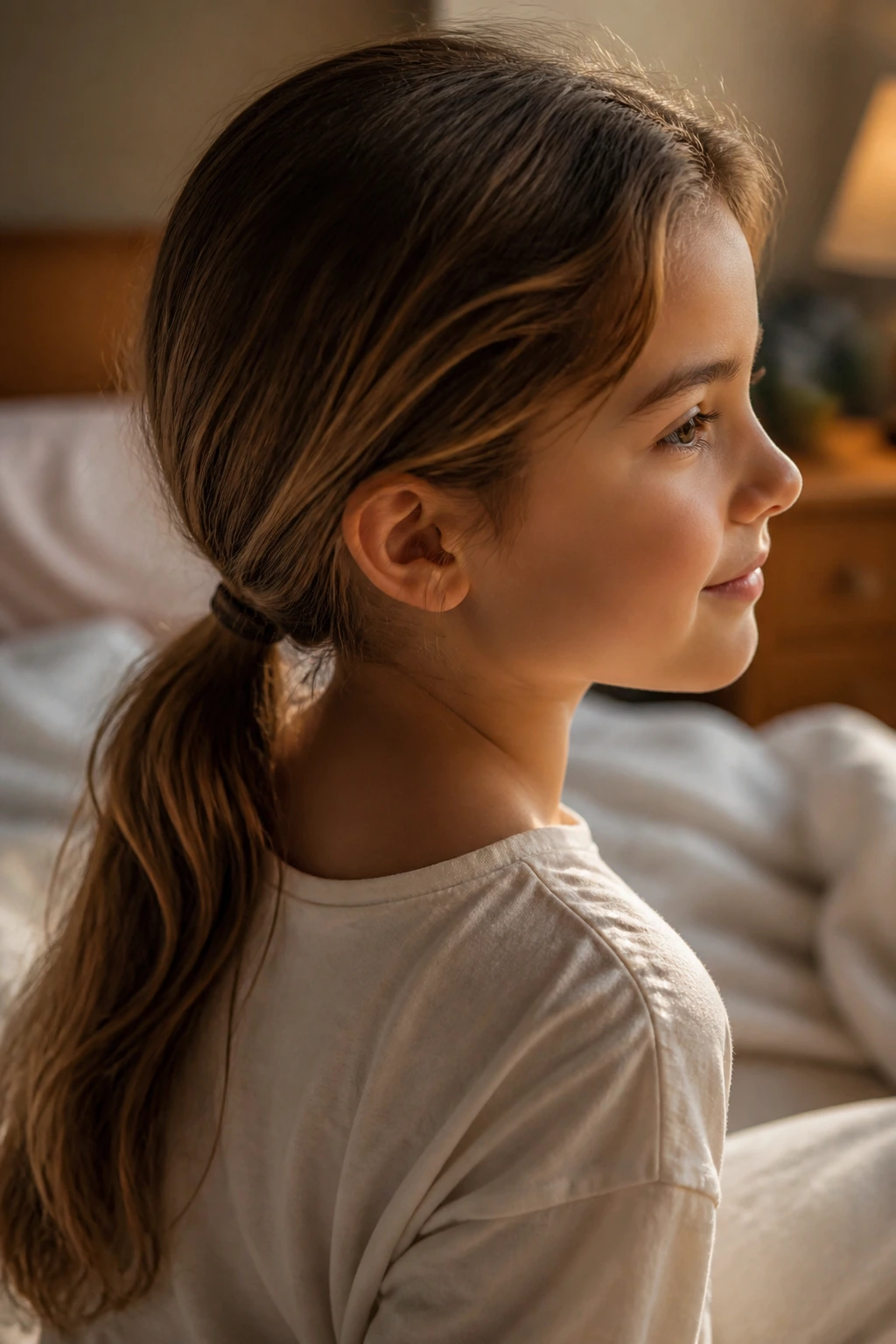 Close-up of a child with a loose low ponytail in a cozy bedroom