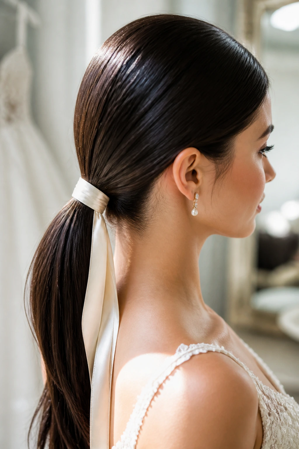 Bride with satin ribbon low ponytail