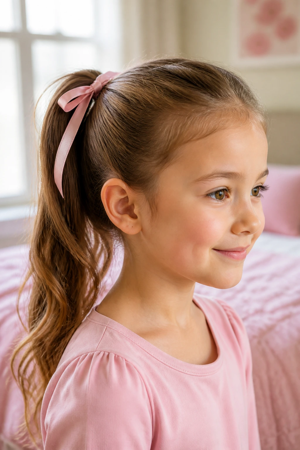 Close-up of a young girl's ponytail tied with a ribbon in a sunlit bedroom