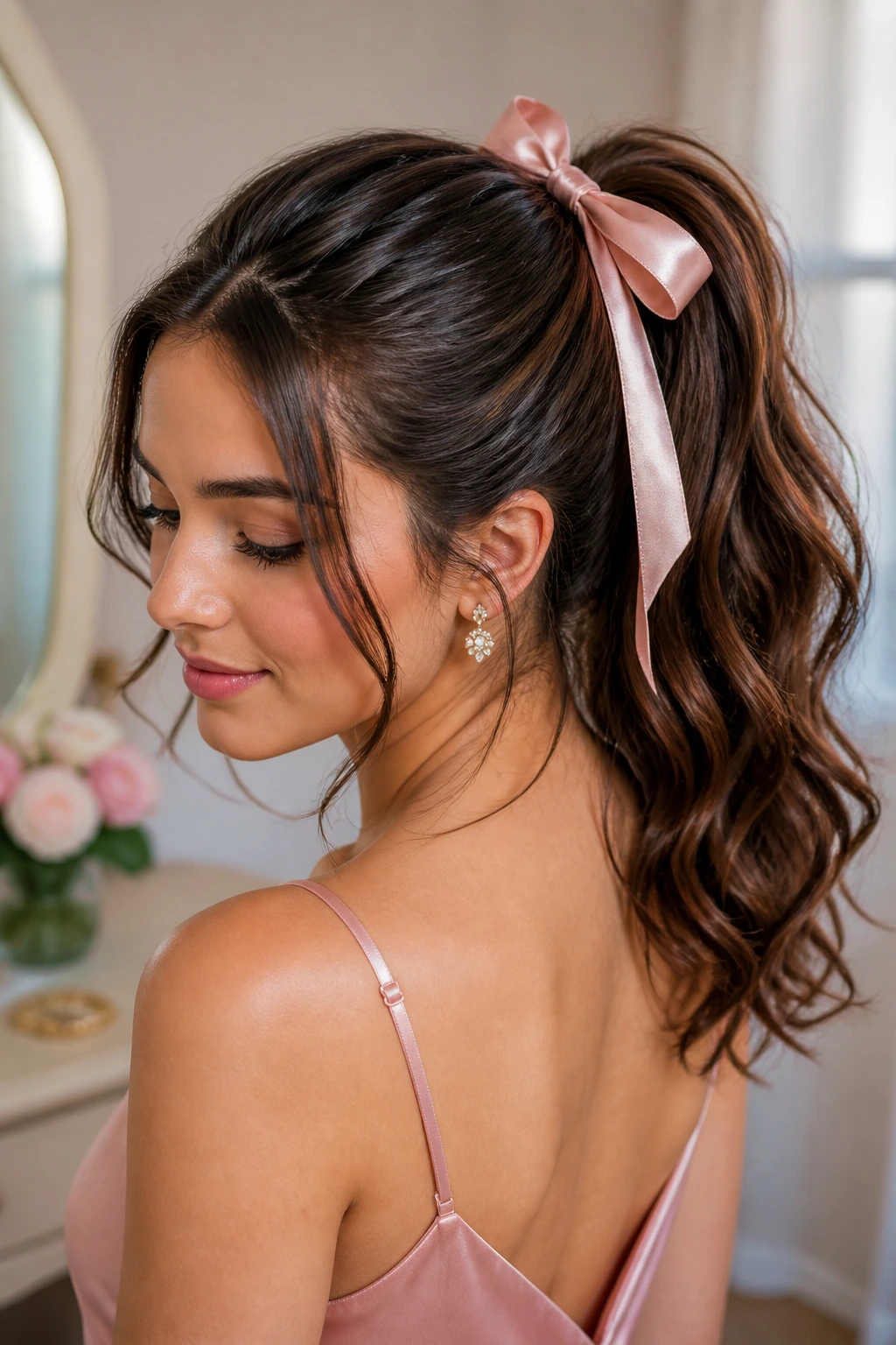 Close-up of a real woman with a satin ribbon in a mid ponytail.