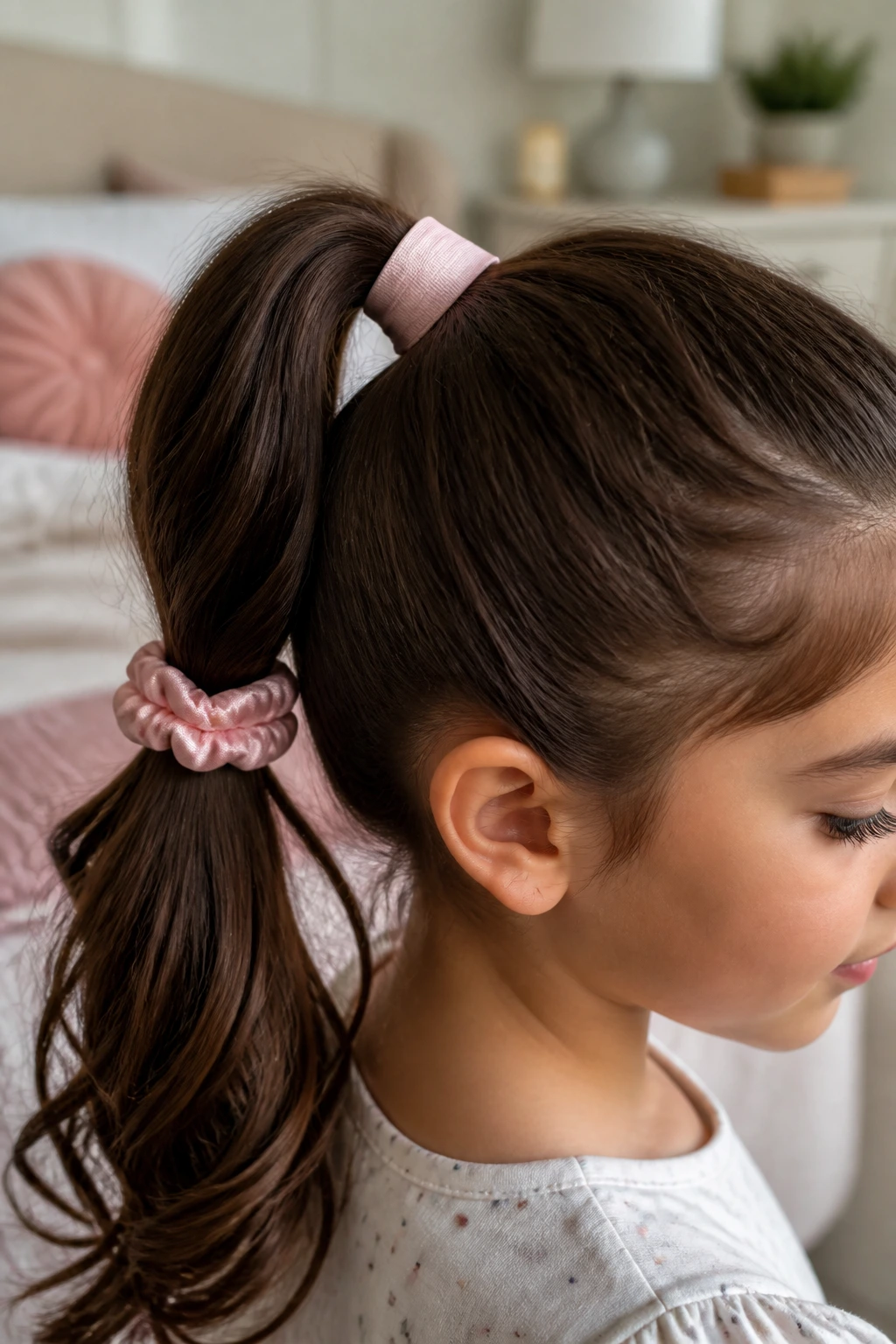 Child with ribbon-wrapped ponytail and scrunchie