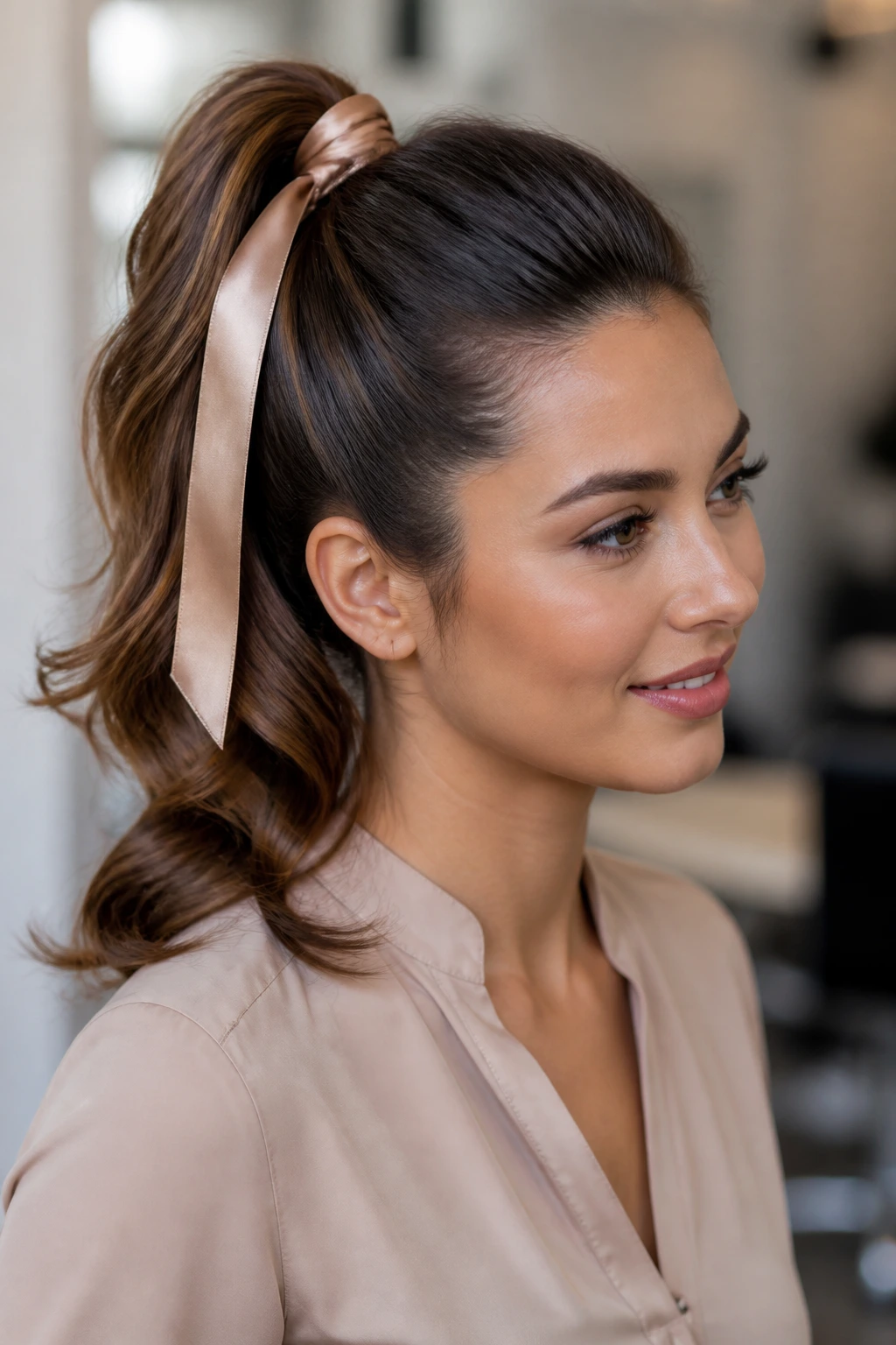 Close-up of high ponytail with ribbon wrap and curled ends on a real person