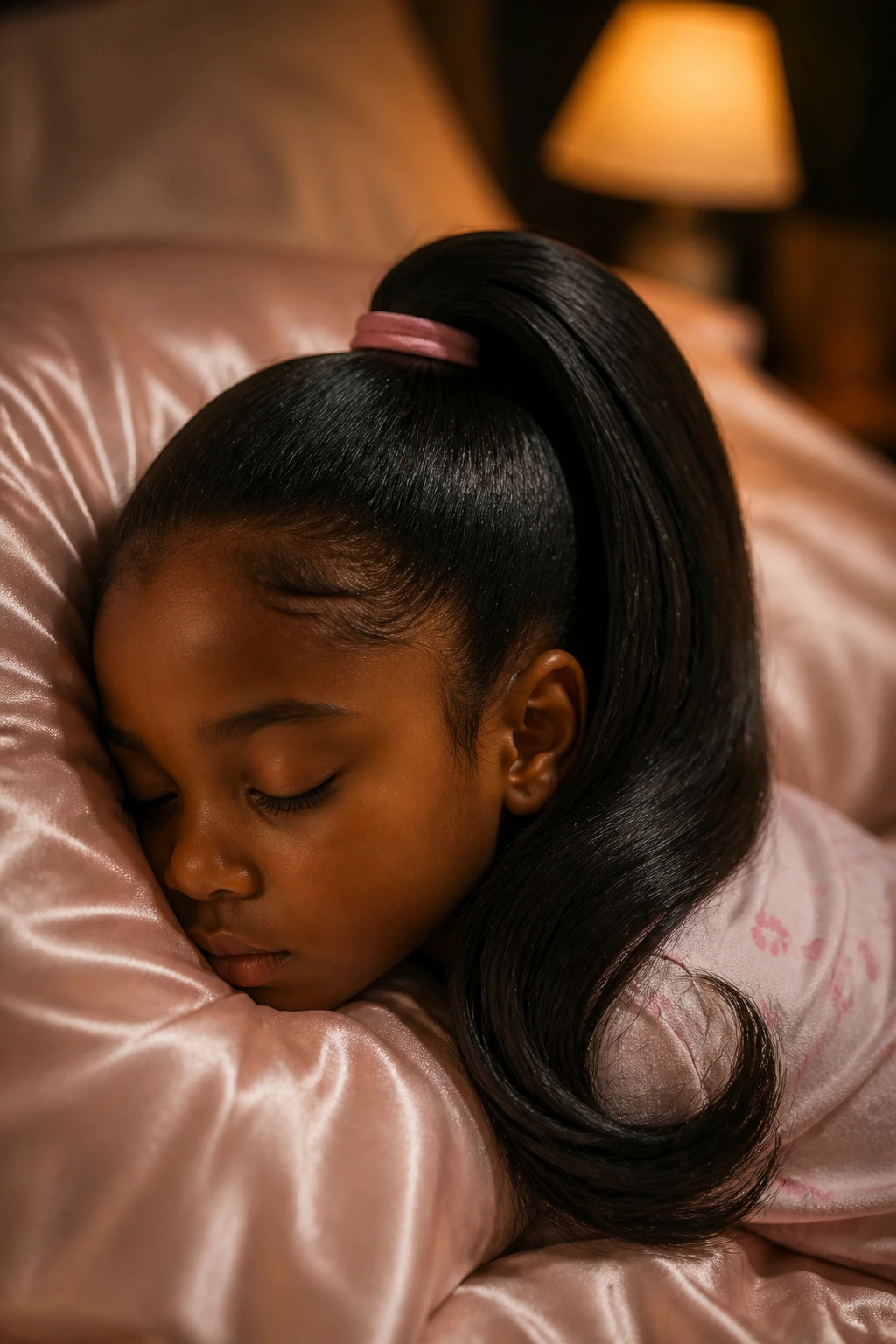 Ponytail resting on satin pillowcase in a dimly lit bedroom