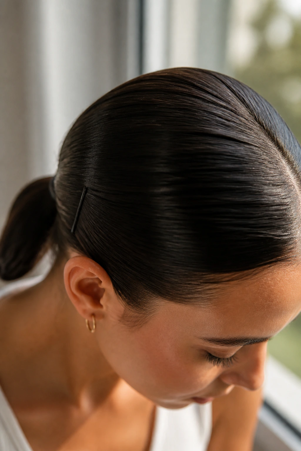 Close-up of crown area with a sleek low ponytail and hidden pins