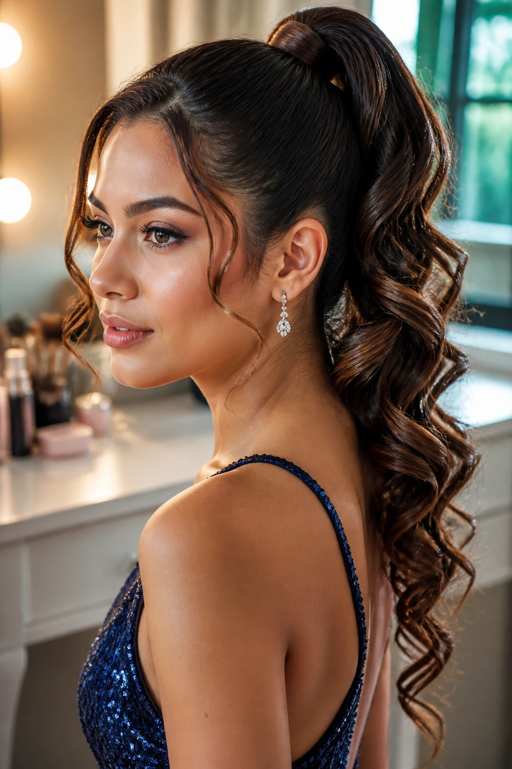 Close-up of a real woman wearing a wrapped-base ponytail with spiral tail for prom
