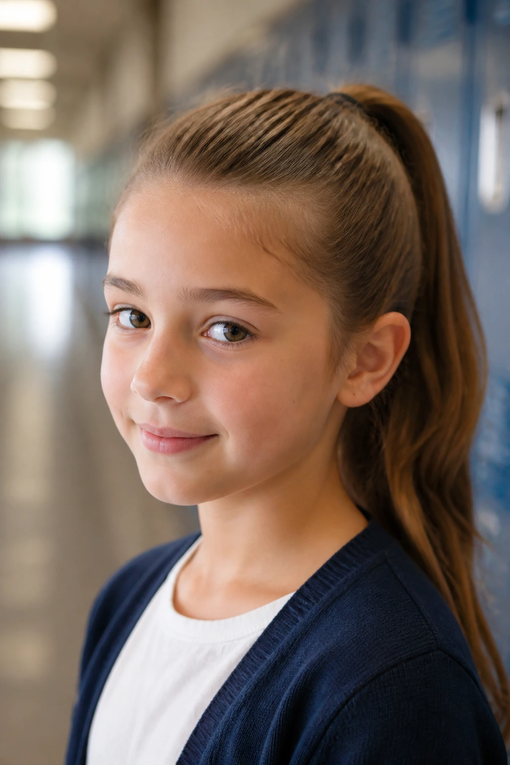 Close-up portrait of a child with a neat ponytail in a school hallway