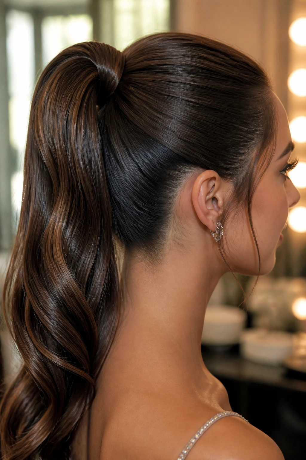 Close-up of a real person with a polished prom ponytail showing wrapped strand and high shine