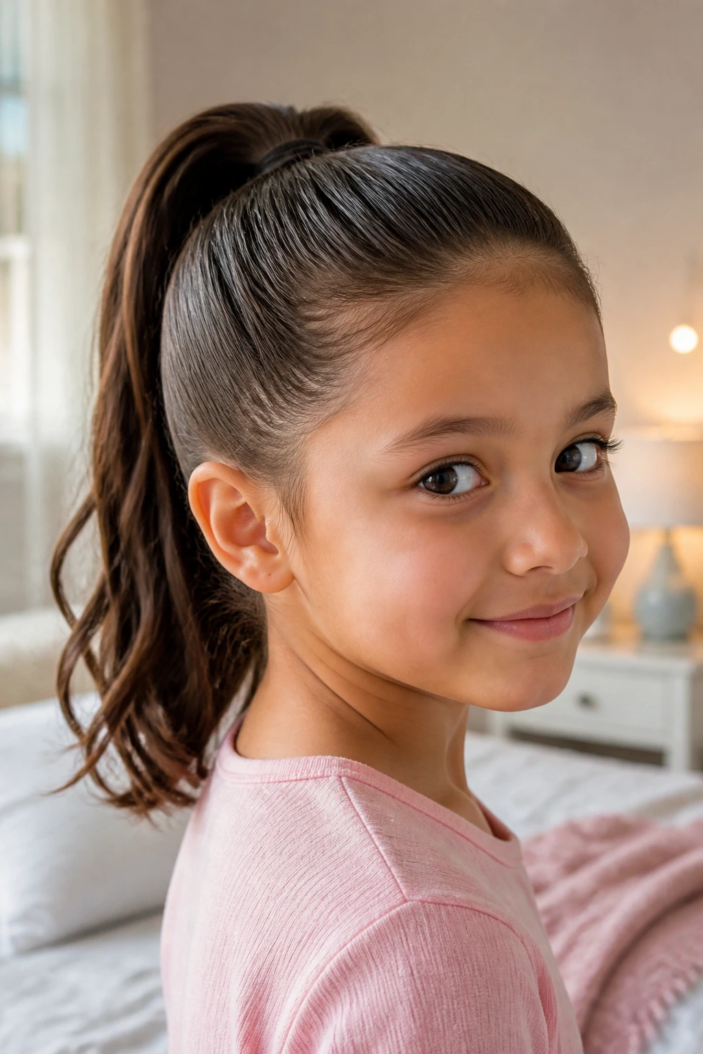 Close-up of a real girl with a neat ponytail in a cozy home setting
