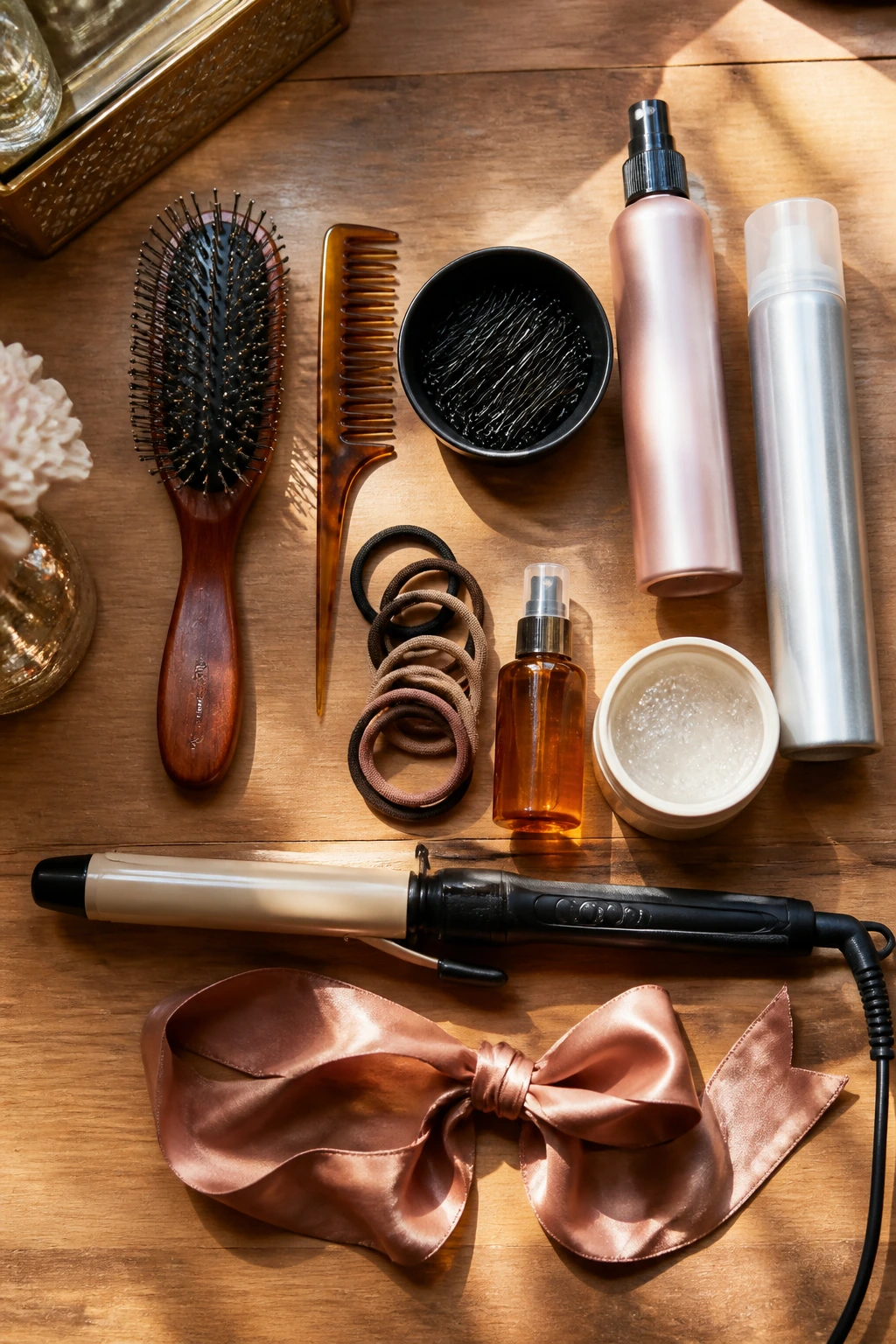Top-down view of essential ponytail styling tools on a wooden vanity