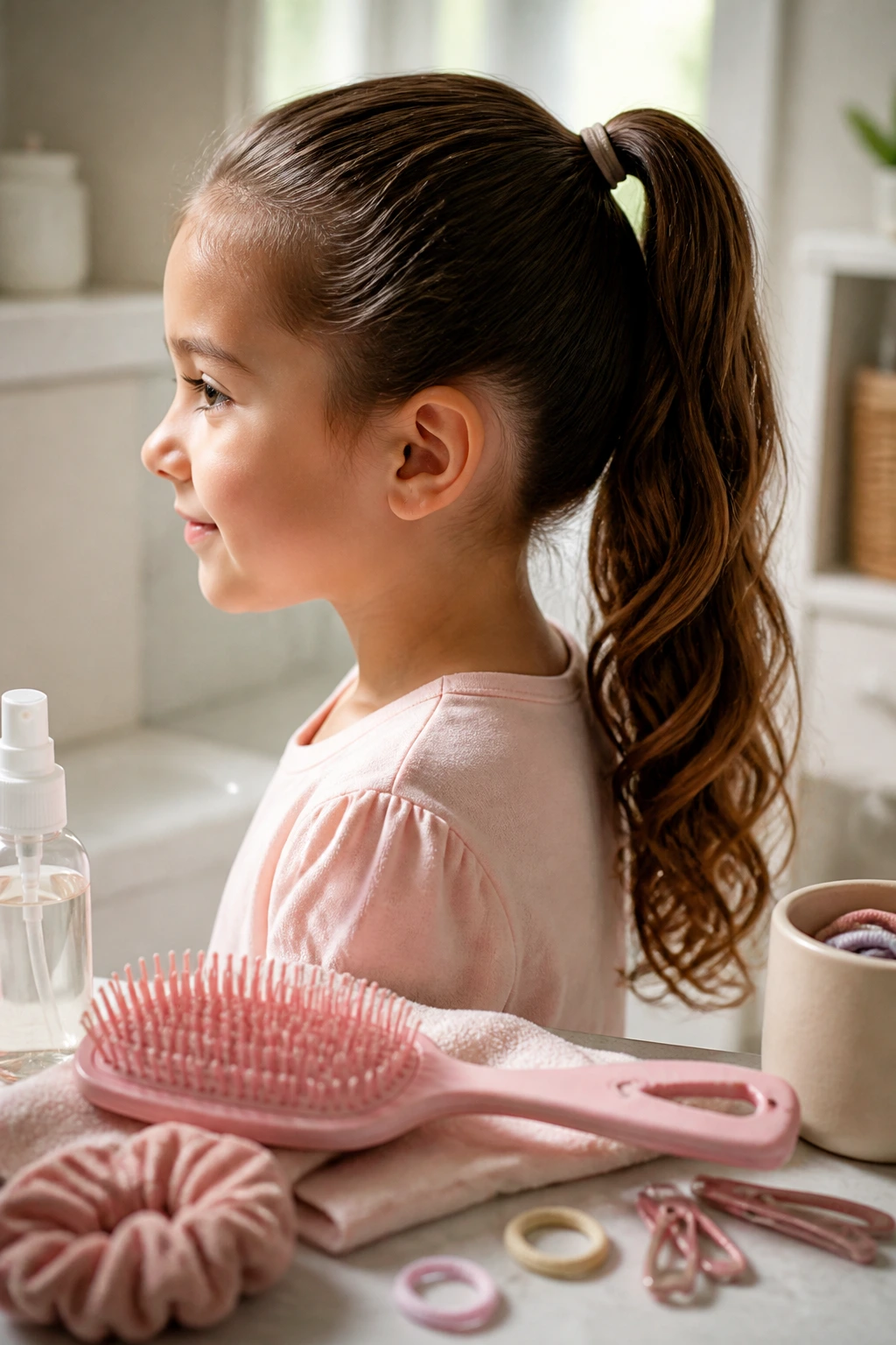 Girl with ponytail and detangling brush on a vanity
