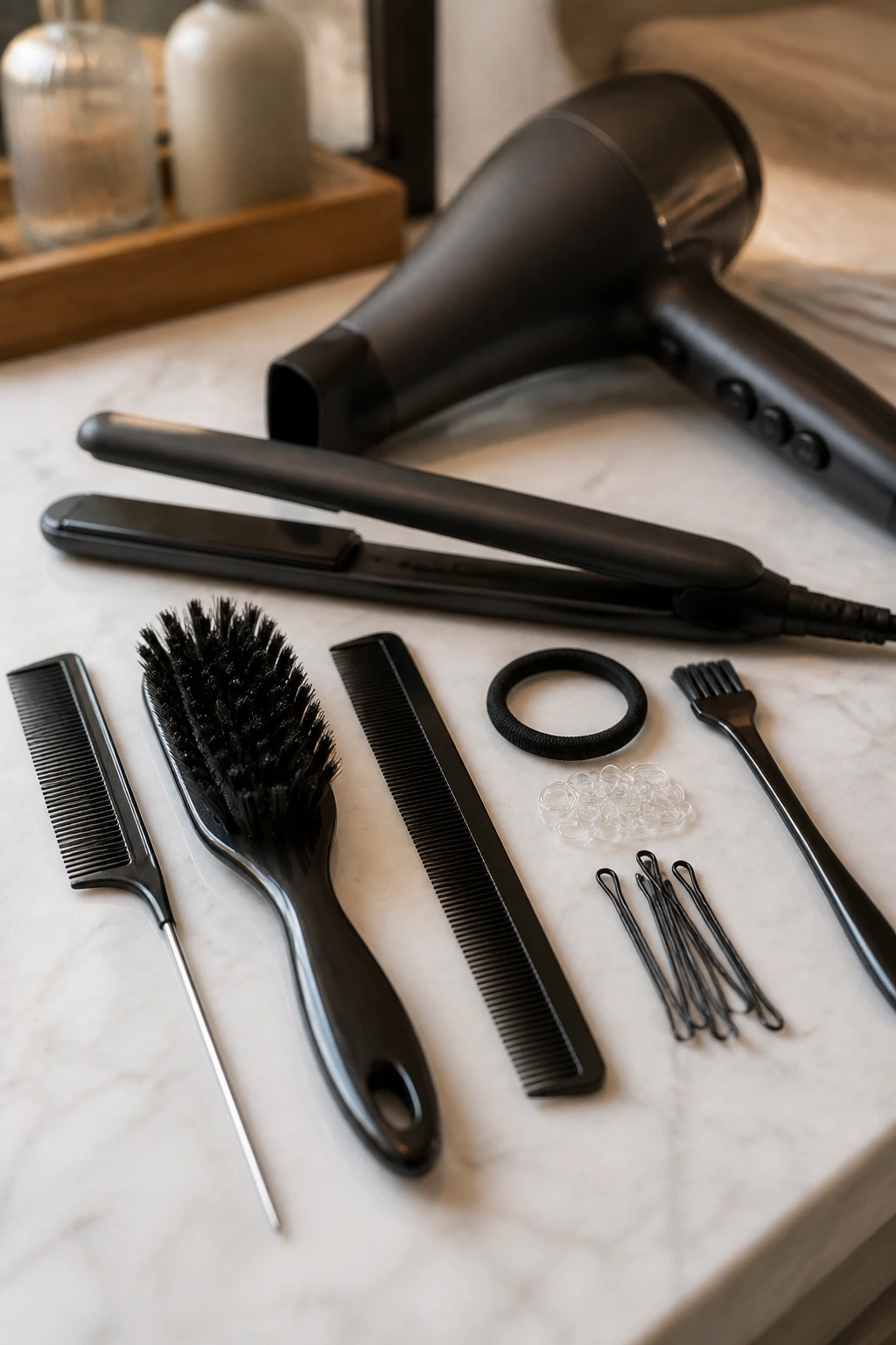Macro close-up of essential ponytail tools on vanity
