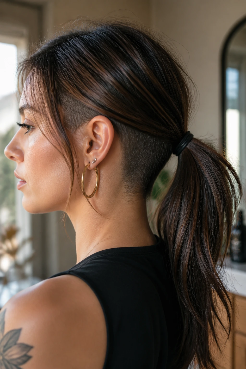 Side-profile of a real person with a ponytail reveal undercut at the nape in warm light