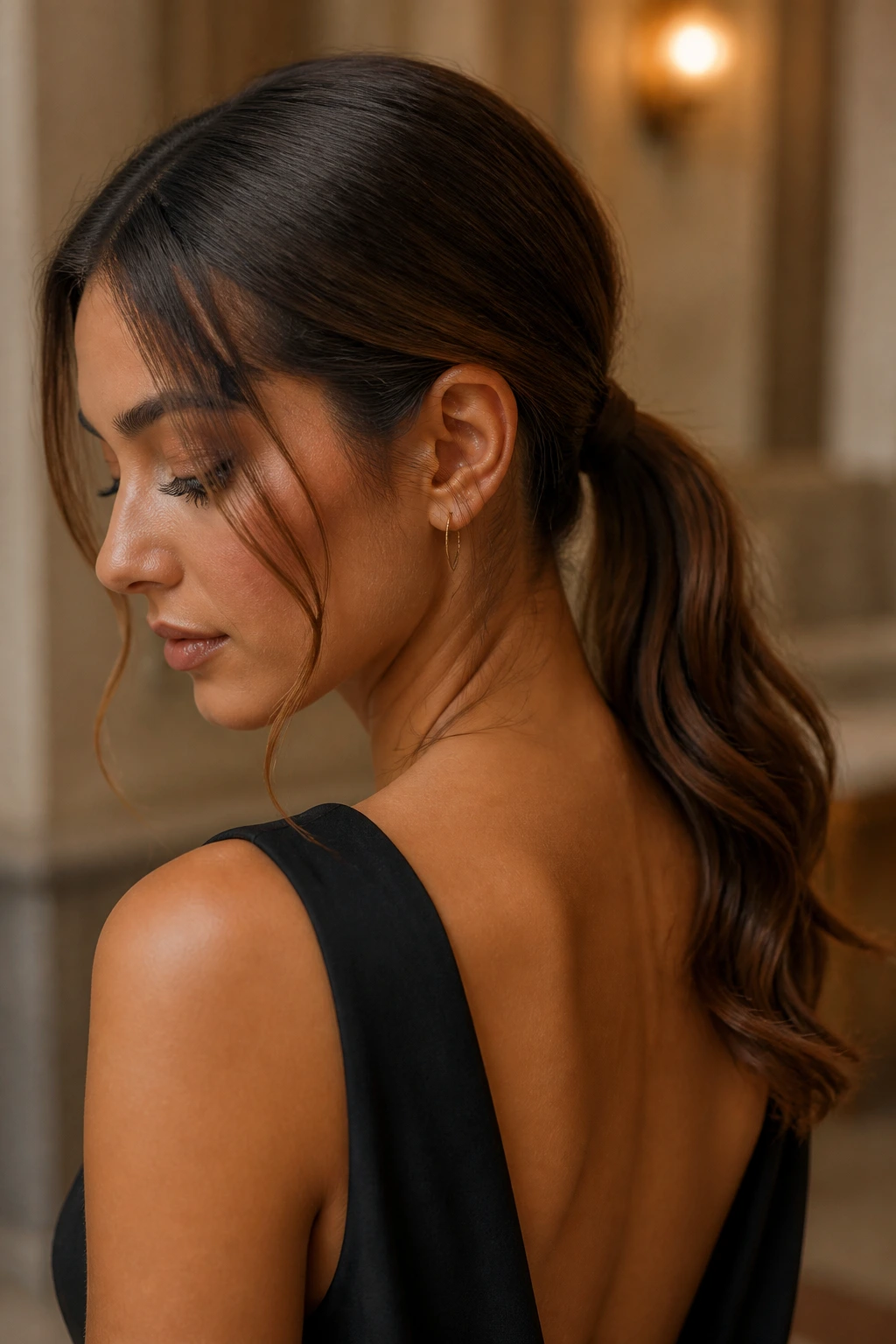 Portrait of real woman with soft romantic low ponytail and face-framing pieces