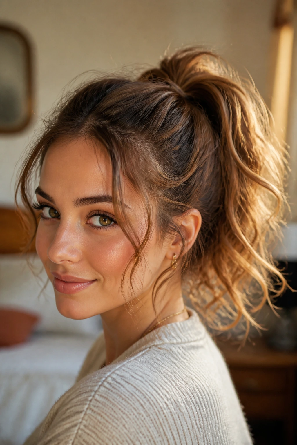 Close-up of real woman with a high, softly bent ponytail in warm morning light