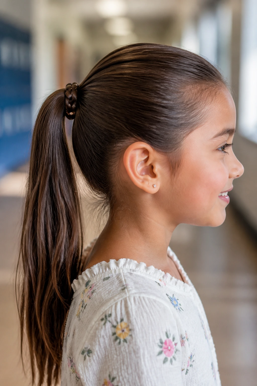 Child with ponytail wrap braid hiding the elastic