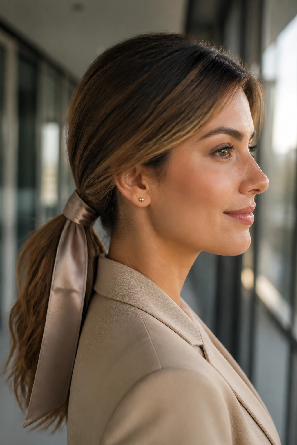 Close-up of a woman with a low ponytail wrapped base and ribbon in a professional setting.