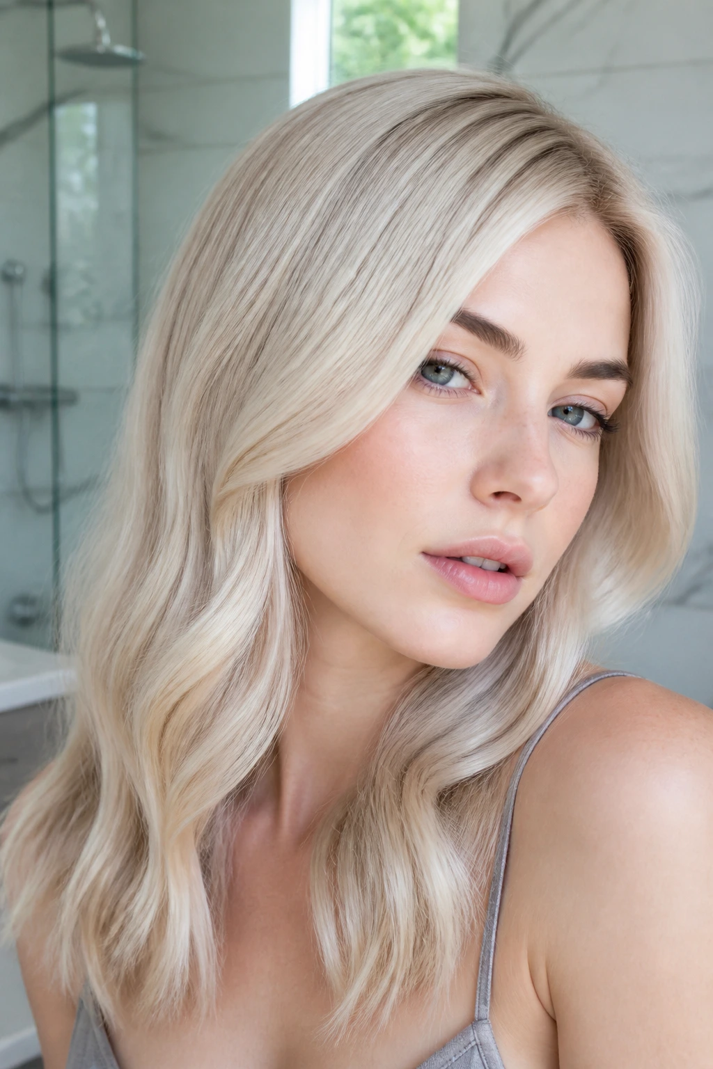 Close-up of Porcelain Blonde on pale skin with glossy finish
