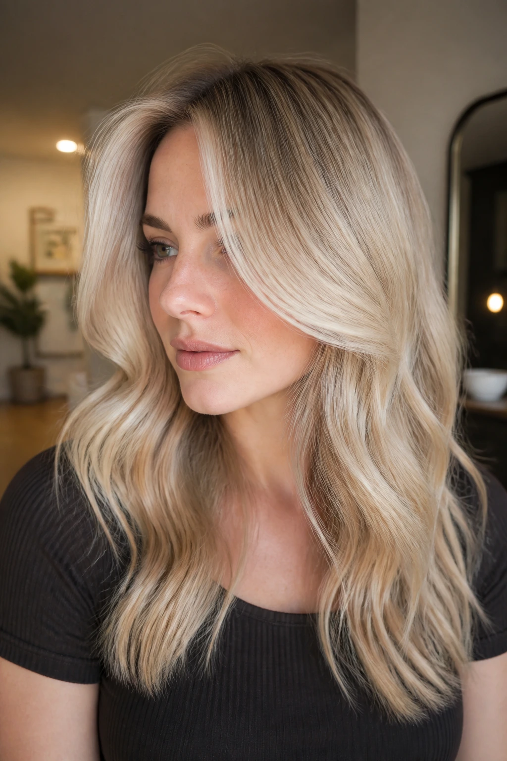 Close-up of porcelain blonde hair with a soft shadow root on a real person.