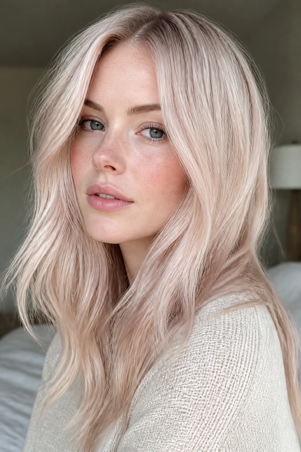 Close-up portrait of a woman with porcelain blush blonde hair and pale skin in soft daylight