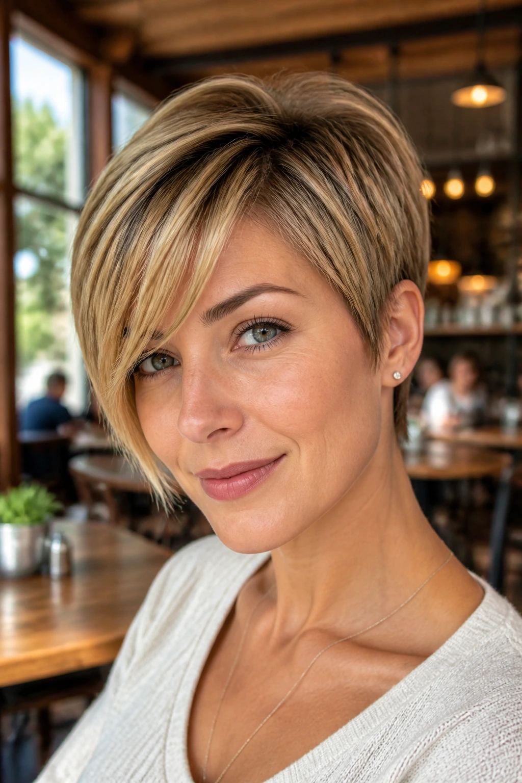 Close-up portrait of a real woman with posh pixie and long side bangs.