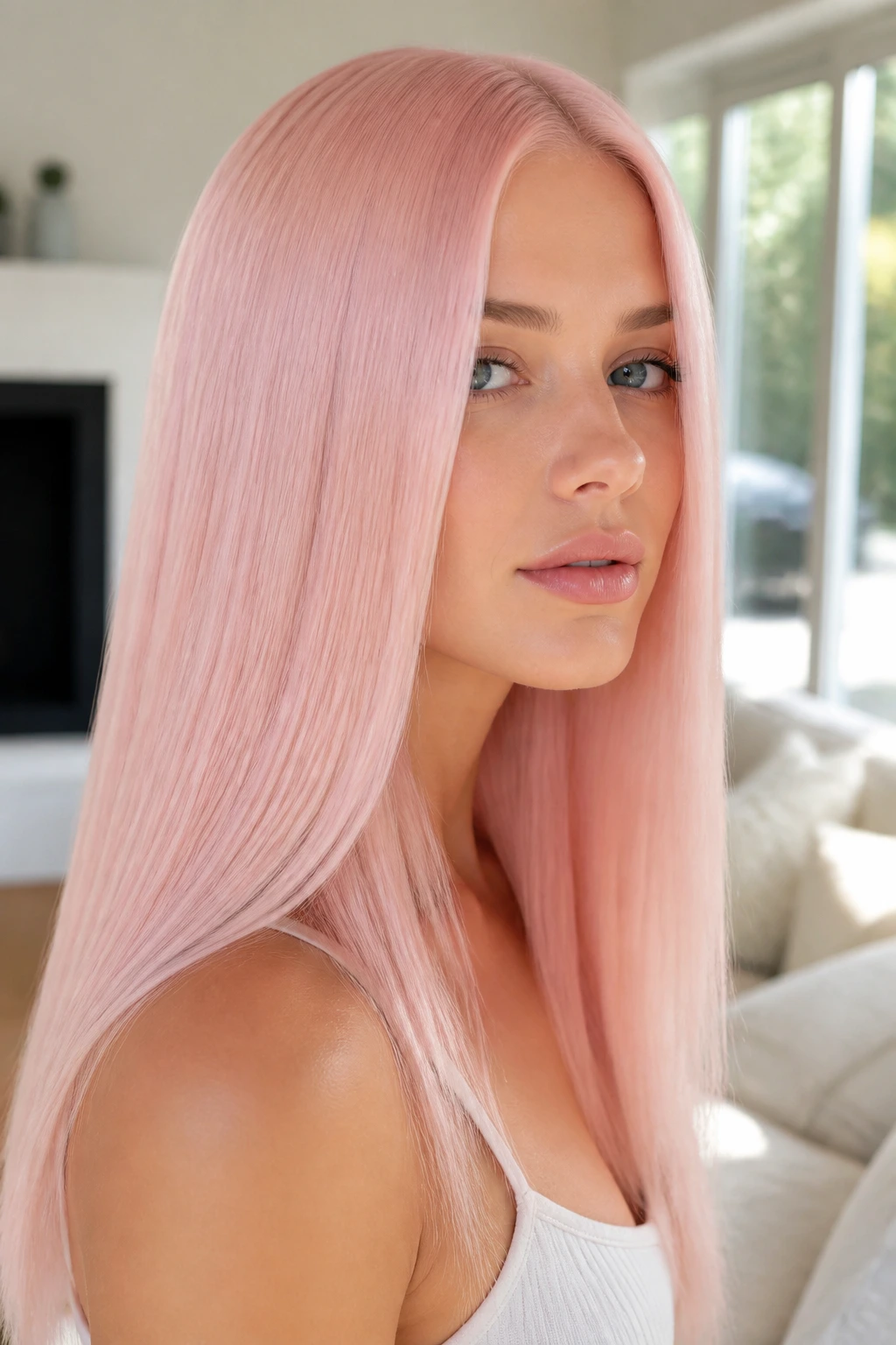 Close-up portrait of a real woman with powder pink sleek straight hair