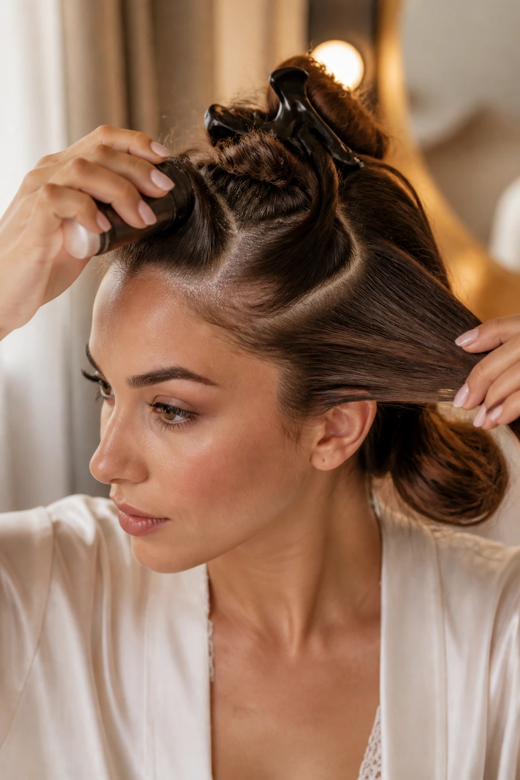 Close-up of a scalp with root powder for chignon prep on a real person