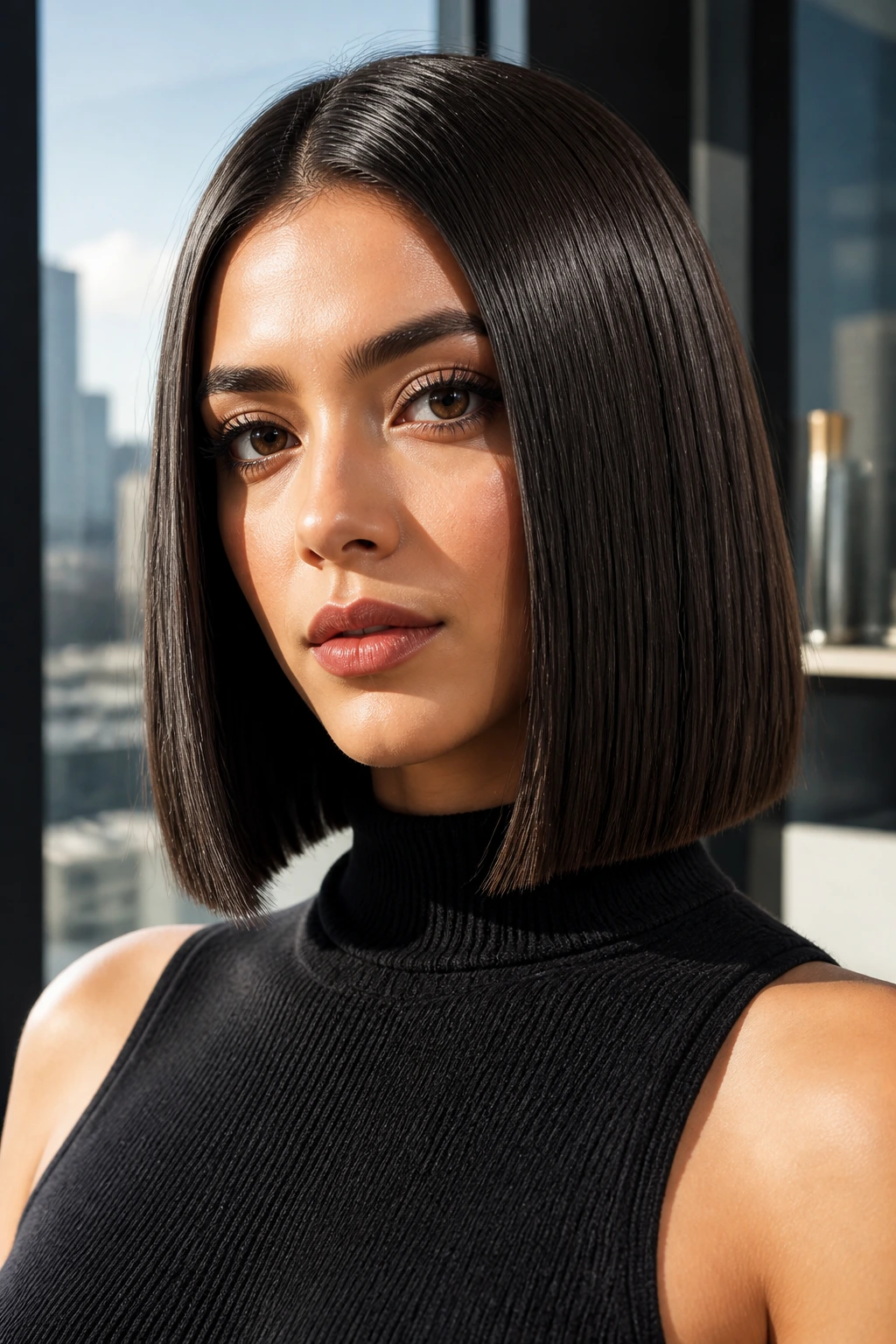 Close-up of a real woman with a power lob and sharp edges
